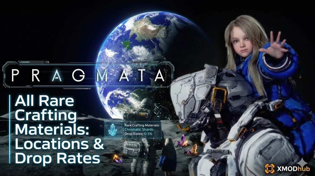 A Pragmata guide banner featuring a blonde girl on a robot and an astronaut on the moon with Earth behind, listing rare crafting materials and drop rates.