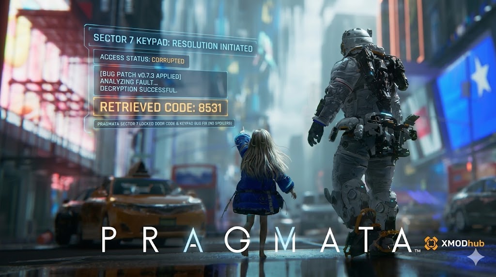 An astronaut and a young girl stand in a futuristic city street looking at a holographic UI for PRAGMATA Sector 7 door codes and bug fixes.