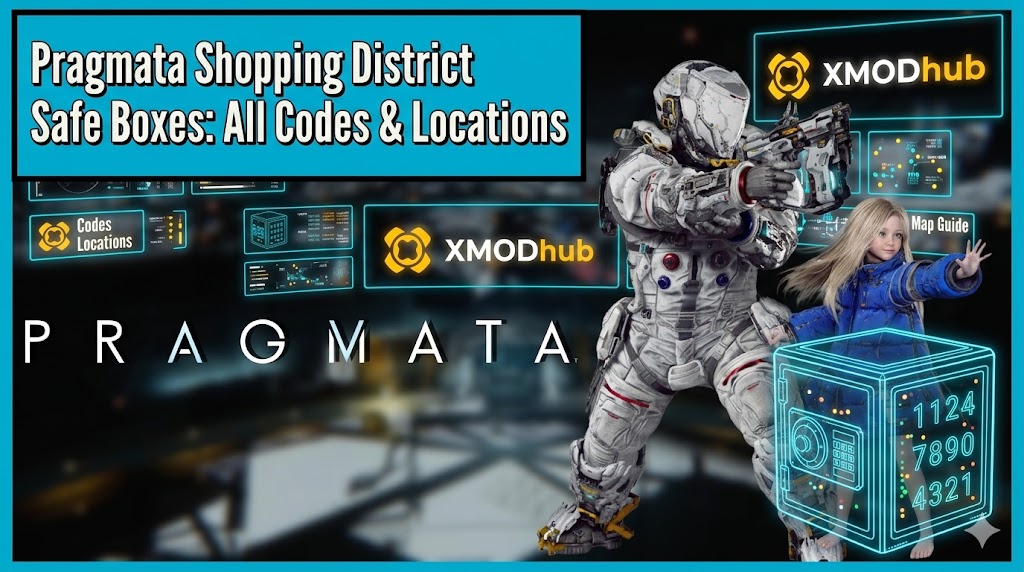 A Pragmata game guide image featuring a mecha and a young girl near a futuristic safe box with neon code locations, as titled on the video thumbnail.