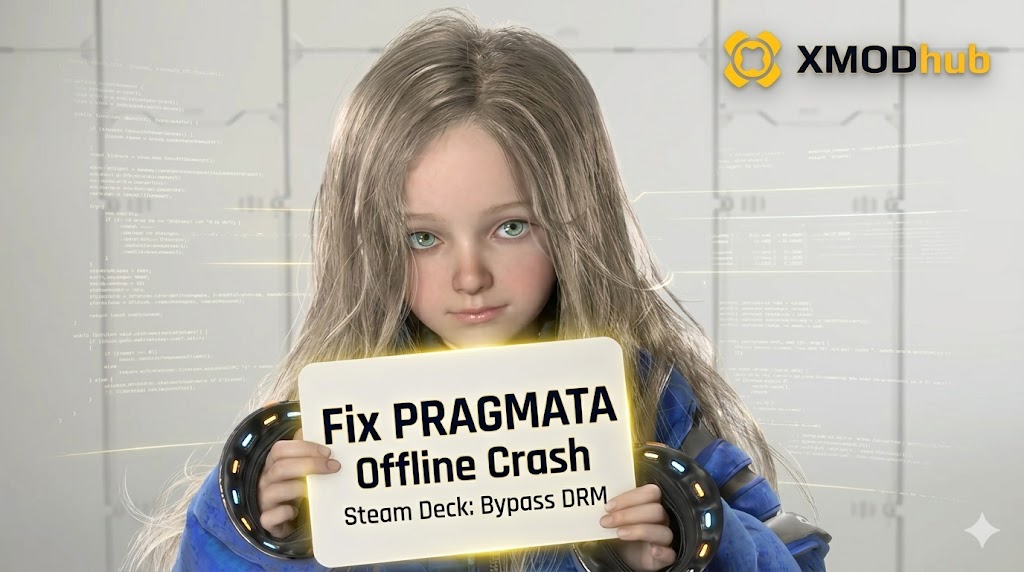 『プラグマタ』（Pragmata）のダイアナが、DRM回避手順とXMODhubのロゴが記載された、Steam Deck用のオフラインクラッシュ修正の詳細が記された光るカードを持っている。