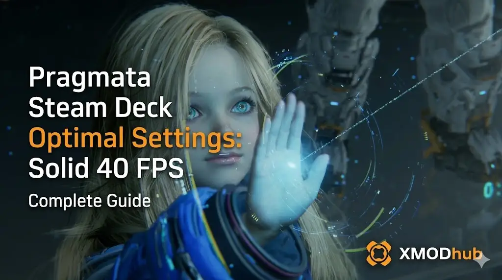 Pragmata blog header featuring a character girl with holographic interface, optimizing settings for Steam Deck at 40 FPS.