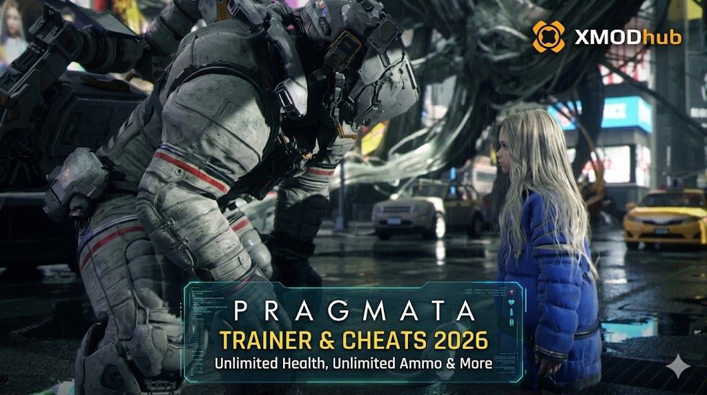 A promotional banner for a Pragmata trainer and cheats tool, featuring an armored figure and a girl in a futuristic city with text advertising mod features and the title "TRAINER & CHEATS 2026".