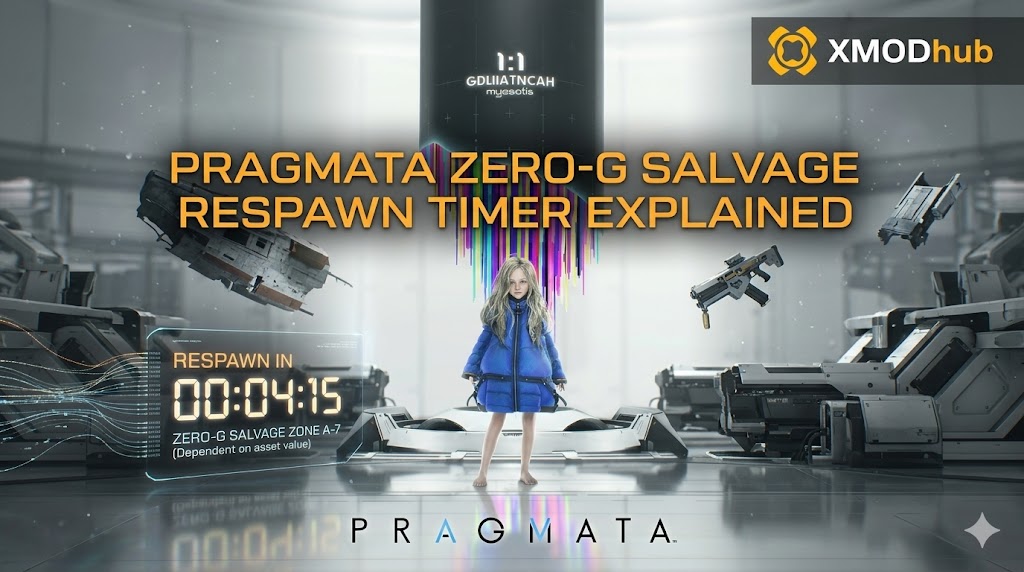 A Pragmata blog header with the character standing in a salvage bay, featuring a title that reads "PRAGMATA ZERO-G SALVAGE RESPAWN TIMER EXPLAINED" and an XMODhub logo.