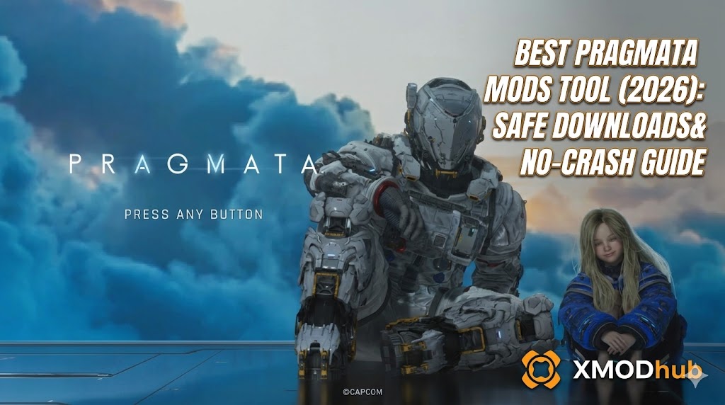 Capcom Pragmata key art shows an armored sci-fi figure sitting on a platform with a barefoot girl in a blue jacket, against massive blue clouds.