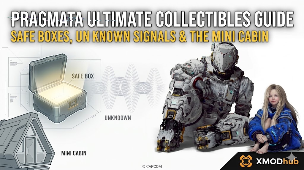 Capcom Pragmata guide header image showing the armored astronaut and barefoot girl character sitting on a white background with text and XMODhub logo.