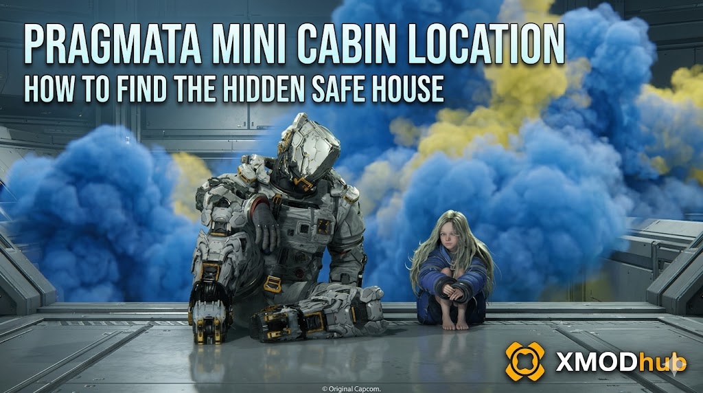PRAGMATA SEO guide header shows armored astronaut and barefoot girl with blue and yellow smoke and XMODhub logo, referencing the mini cabin.