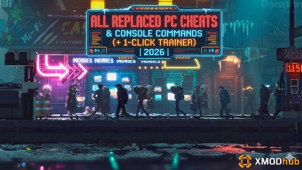 Cyberpunk pixel art banner for All REPLACED PC Cheats and Console Commands 2026 from XMODhub.
