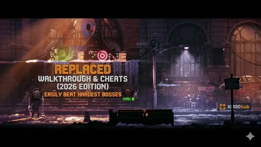 Cyberpunk pixel art blog header for REPLACED walkthrough and cheats (2026) to easily beat hardest bosses, with XMODhub logo.