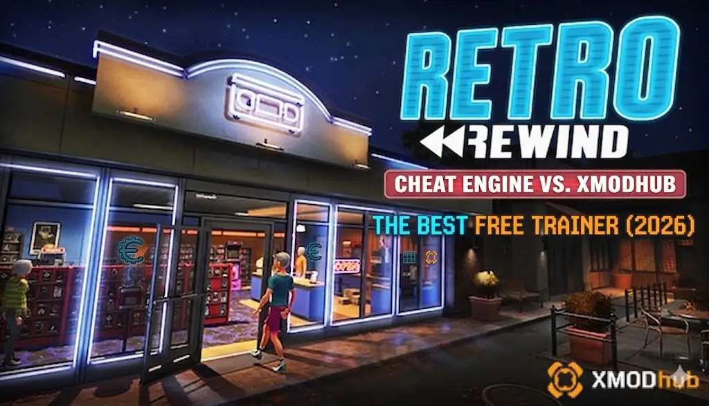 Retro Rewind - Video Store Simulator blog post banner with updated neon storefront text comparing Cheat Engine and XMODhub and a small XMODhub logo.
