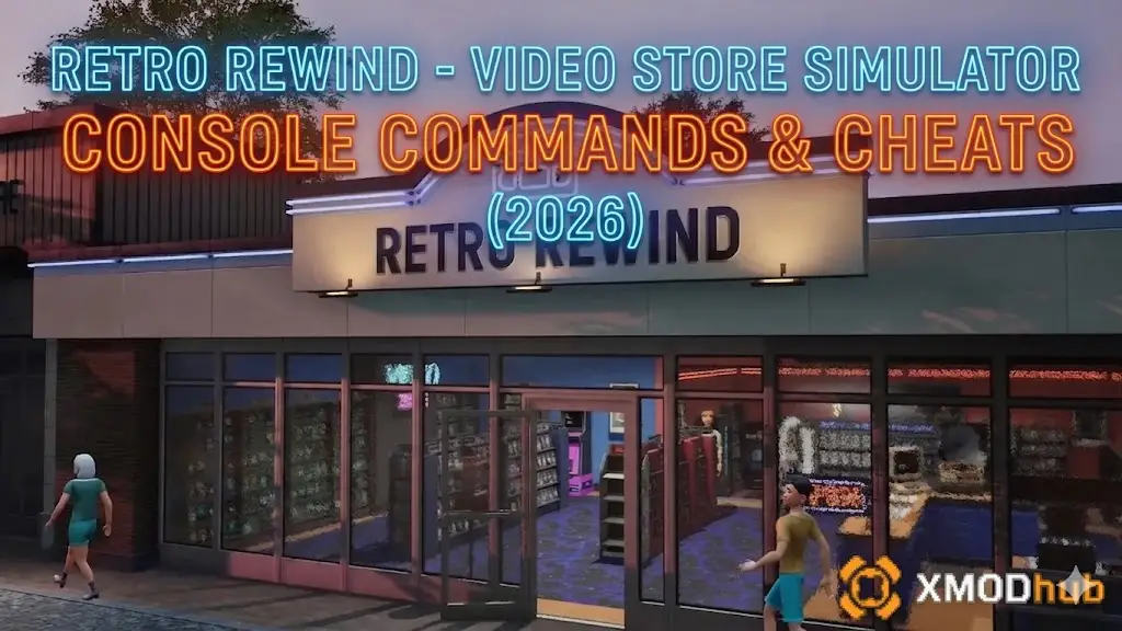 Banner de Comandos de Consola y Trucos de Retro Rewind 2026 con la fachada de la tienda del juego y el logo de XMODhub.