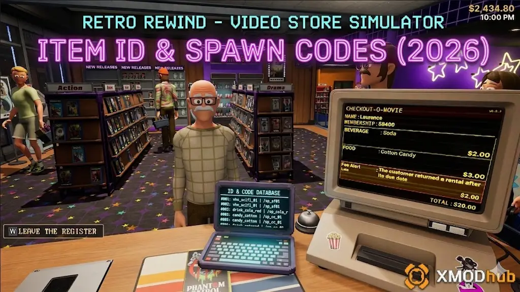 Banner de ID de objetos y códigos de generación de Retro Rewind 2026 con el mostrador de pago del juego y el logo de XMODhub.