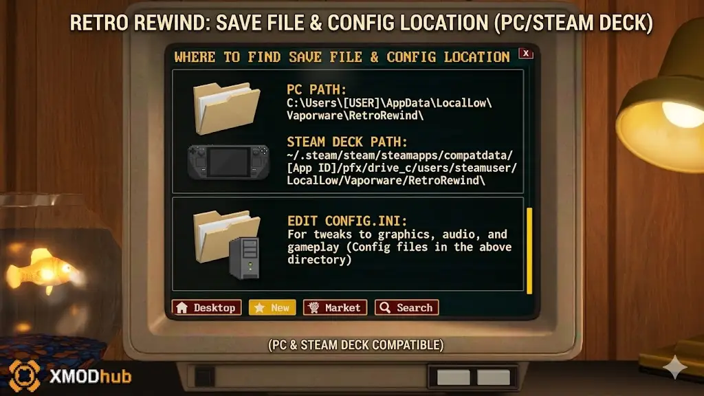 Guía de ubicación del archivo de guardado y configuración de Retro Rewind para PC y Steam Deck.