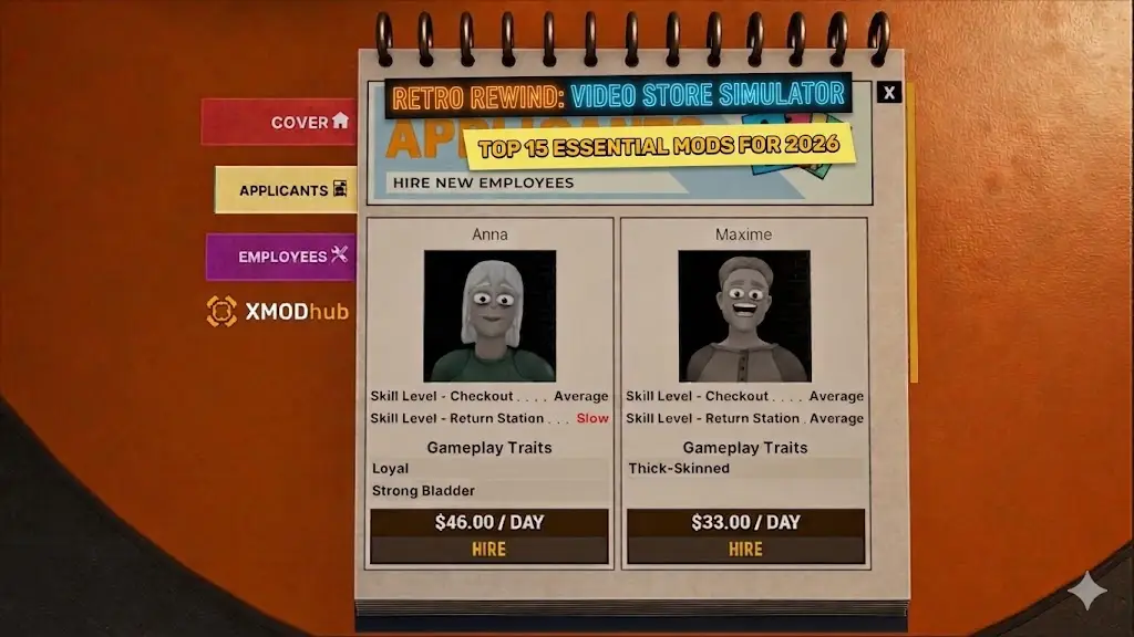 Banner de la publicación del blog de Retro Rewind - Video Store Simulator que muestra el portapapeles de candidatos del juego, una etiqueta de los 15 Mejores Mods Esenciales para 2026 y un pequeño logo de XMODhub.