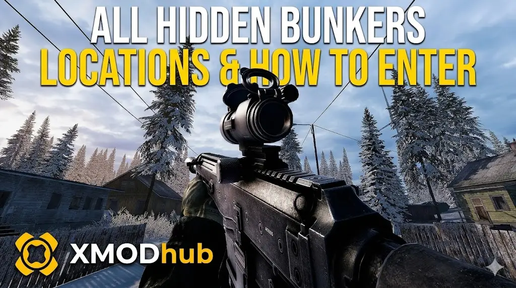 Road to Vostok first-person view with tactical rifle aiming at a snowy town, featuring bold text for 'All Hidden Bunkers Locations & How to Enter' guide and the XMODhub logo.