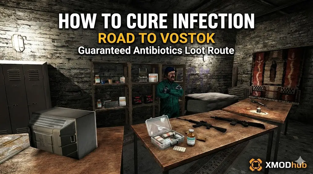 A grungy interior scene from the game Road to Vostok. A man in a jumpsuit looks at a table with an antibiotics bottle, an open medical kit, pills, and a CRT monitor. 