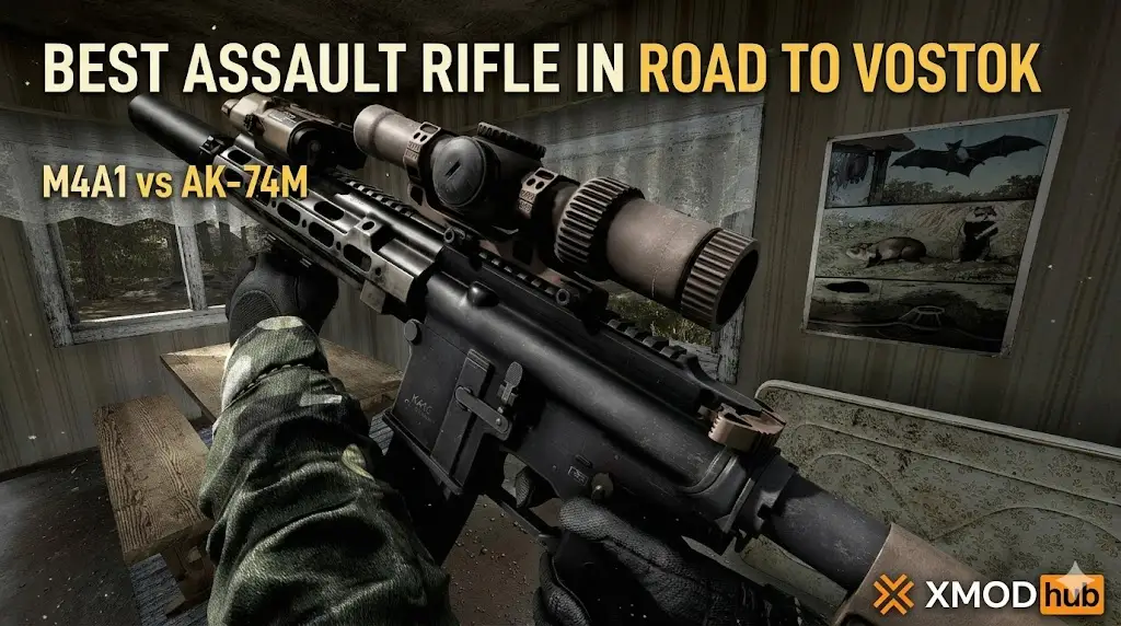 First-person perspective of a player holding a customized tactical assault rifle with a scope and suppressor in a derelict room from the game Road to Vostok. 