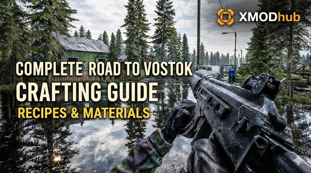 First-person perspective of a character holding a rifle in a flooded rural landscape from Road to Vostok.