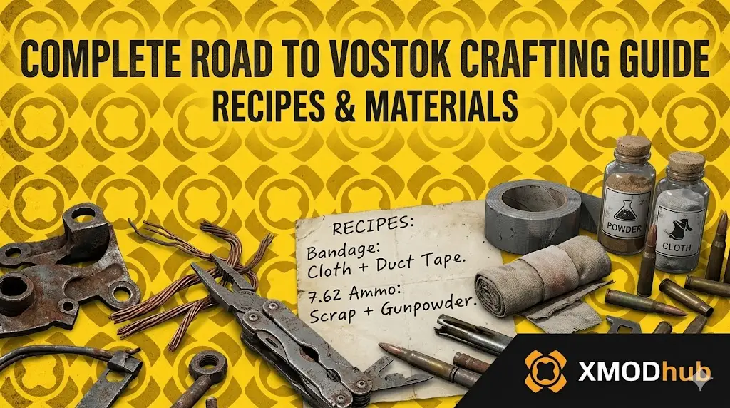An infographic titled 'Complete Road to Vostok Crafting Guide' showing recipes for bandages and 7.62 ammo, surrounded by crafting materials like a multi-tool, duct tape, and gunpowder bottles.