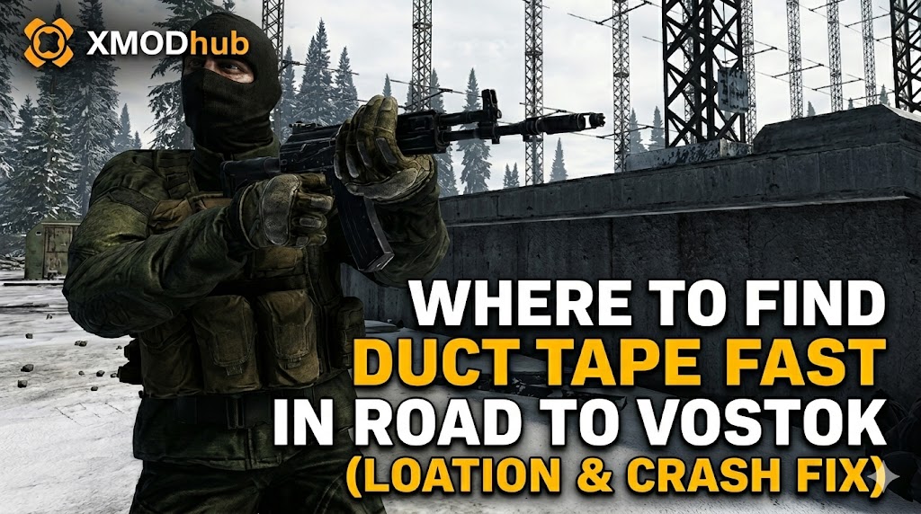 Tactical soldier holding a rifle in a snowy industrial environment with Road to Vostok guide text and XMODhub logo.