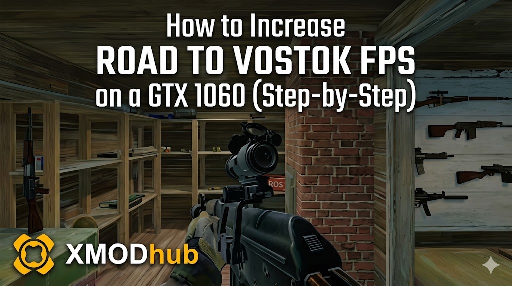 A first-person perspective inside a detailed gun armory from the game Road to Vostok, with text overlay asking 'How to Increase ROAD TO VOSTOK FPS on a GTX 1060 (Step-by-Step)'. The XMODhub logo is in the corner.