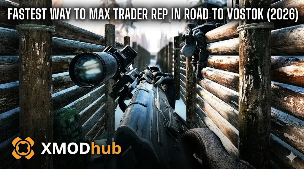 A first-person perspective image in a Road to Vostok trench, featuring a detailed sniper rifle and scope. 