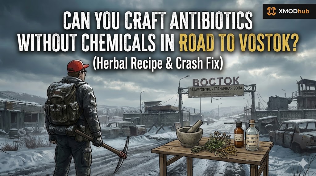 A post-apocalyptic scene in Road to Vostok, showing a survivor and herbal medicine ingredients. Text asks about crafting antibiotics without chemicals. The XMODhub logo is visible.