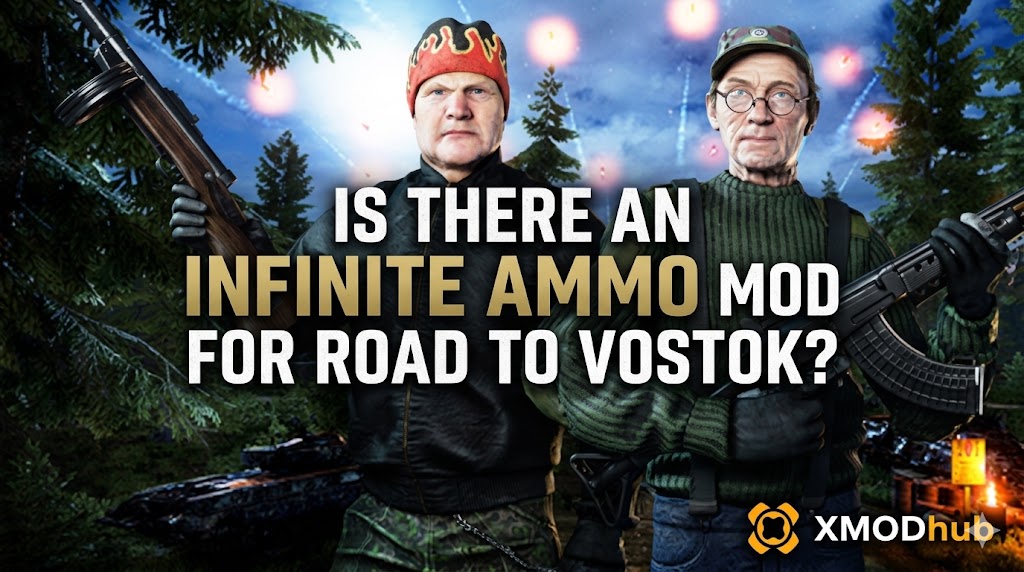 A 16:9 SEO blog banner for Road to Vostok featuring two armed survivors, centered title text about infinite ammo mods, and the XMODhub logo on a forest background.