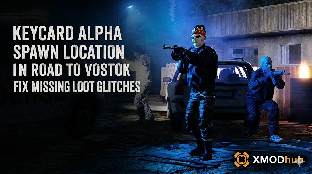 A promotional header image for a Road to Vostok game guide. Three armed tactical gunmen stand in a blue-lit nighttime scene near an old sedan and a burning barrel.