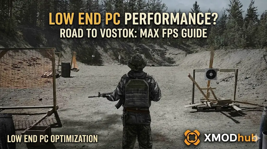 A soldier in tactical gear at an outdoor range. Large yellow text at the top reads "LOW END PC PERFORMANCE?", with the game title and guide text below. XMODhub logo is in the corner.