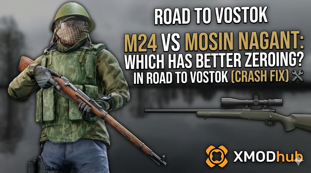 A header image for Road to Vostok featuring a tactical character and text comparing M24 vs Mosin Nagant zeroing, with a crash fix note and the XMODhub logo.