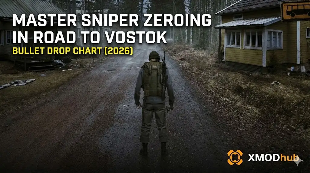 A survivor standing on a desolate road in Road to Vostok, featuring a radar station safe code guide title and the XMODhub logo.