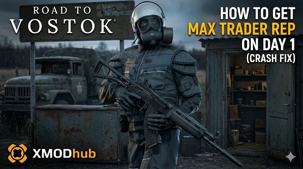A feature image for a Road to Vostok guide, showing a character in full tactical gear and gas mask holding an assault rifle in front of a derelict truck.