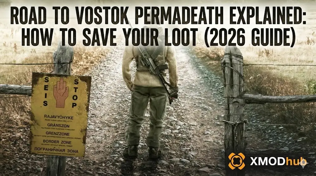 Soldier from behind walking on a dirt path towards a detailed Border Zone sign in Road to Vostok. Text discusses permadeath and loot saving.