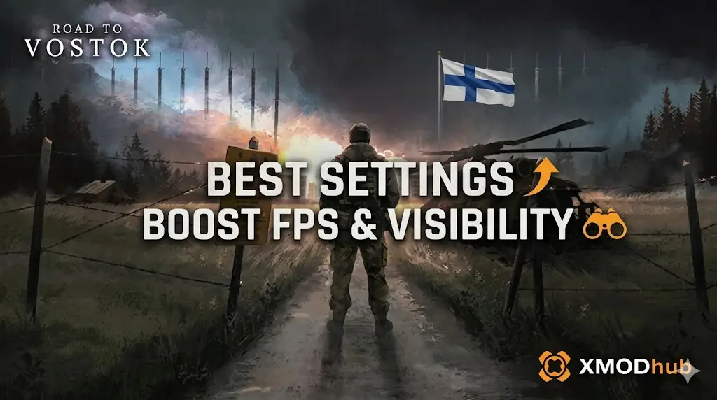 Guide for Road to Vostok best settings for FPS and visibility, featuring a soldier and a Finnish flag.