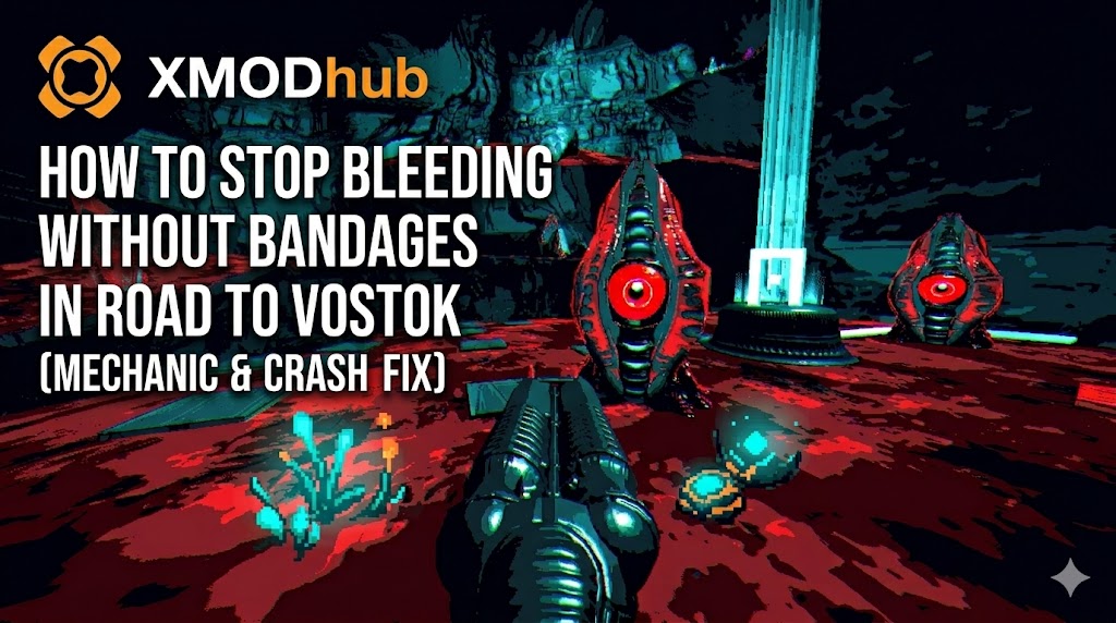 A first-person shooter perspective in a high-contrast red and black pixelated environment, featuring a futuristic shotgun, organic structures with glowing red eyes, the XMODhub logo