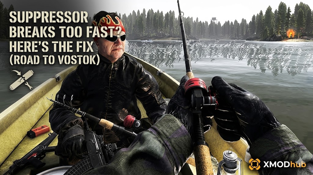 A 16:9 SEO blog banner for Road to Vostok, featuring a man in a boat and the guide title: 'SUPPRESSOR BREAKS TOO FAST? HERE'S THE FIX'. Also includes XMODhub logo.