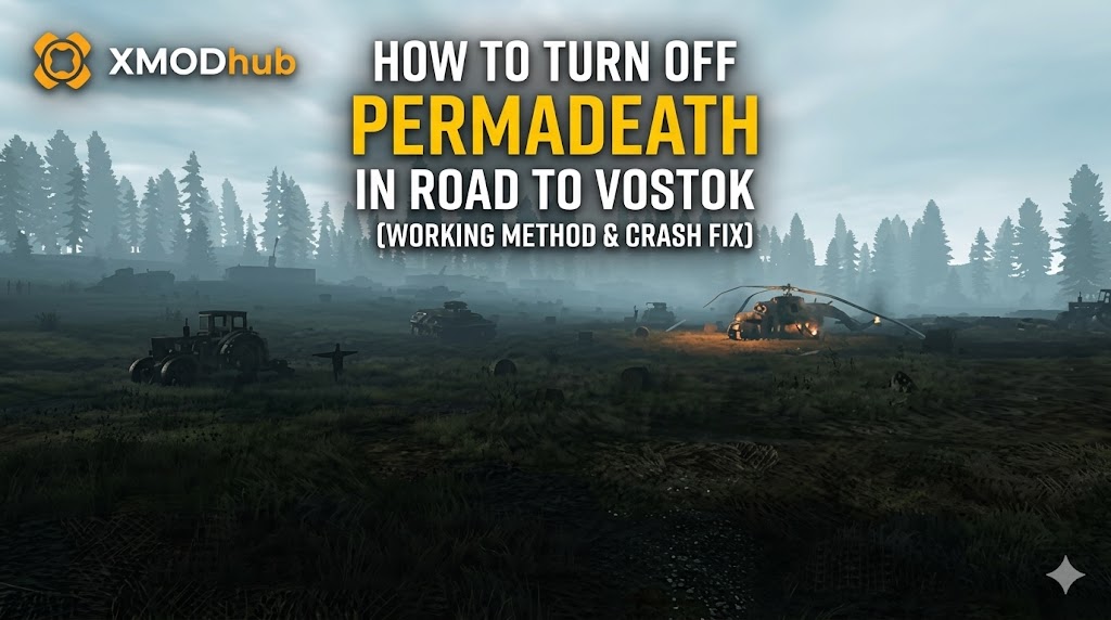 Cinematic blog header for Road to Vostok featuring a foggy survival landscape with a burning helicopter, the XMODhub logo, and a text overlay for a guide on turning off permadeath.