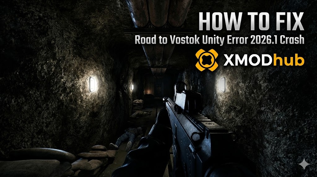 First-person view in a dark, rock-walled underground tunnel with a character holding a rifle. Text overlay says 'HOW TO FIX Road to Vostok Unity Error 2026.1 Crash', and the XMODhub logo is present.