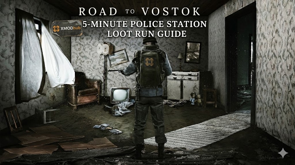 A survivor standing in a post-apocalyptic room for a Road to Vostok loot guide, featuring the XMODhub logo and article title.