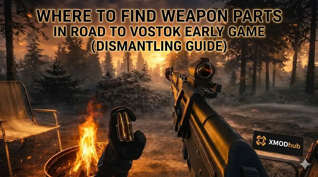 First-person view of a character holding ammo near a campfire in Road to Vostok, featuring the blog title "Where to Find Weapon Parts" and the XMODhub logo.