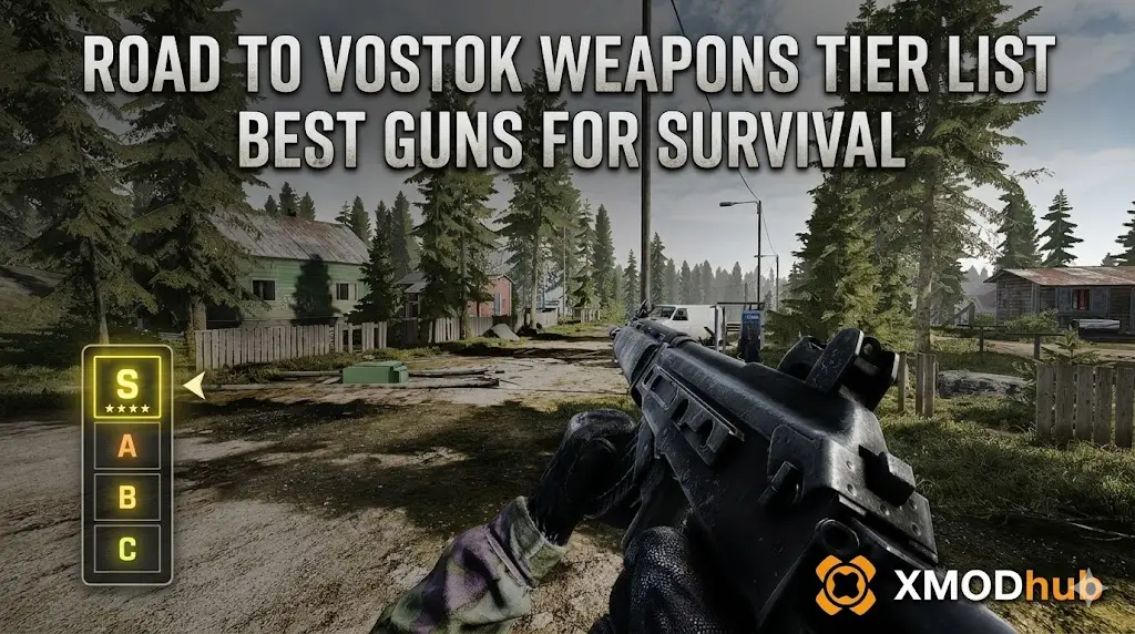 First-person perspective holding an assault rifle in Road to Vostok, displaying a weapon tier list graphic and XMODhub logo.