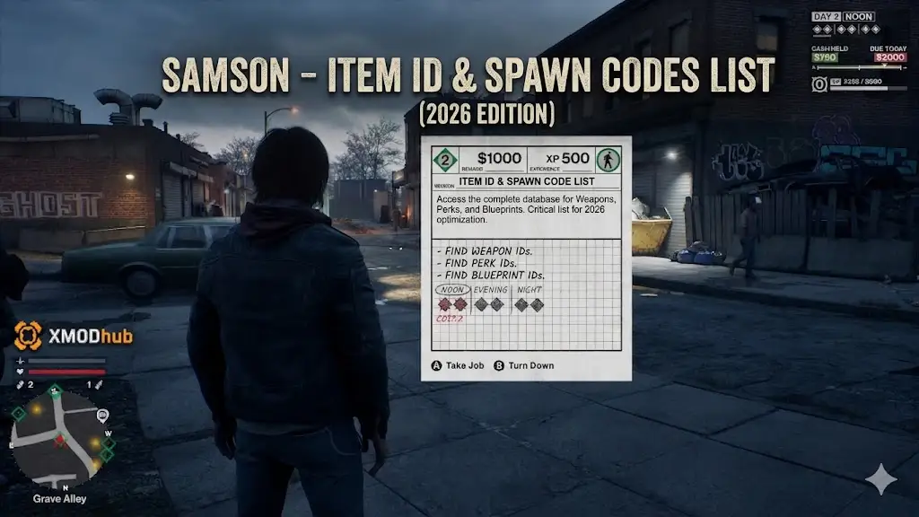 Samson game screenshot showing an in-game menu edited to display item IDs and spawn codes, with the XMODhub logo.