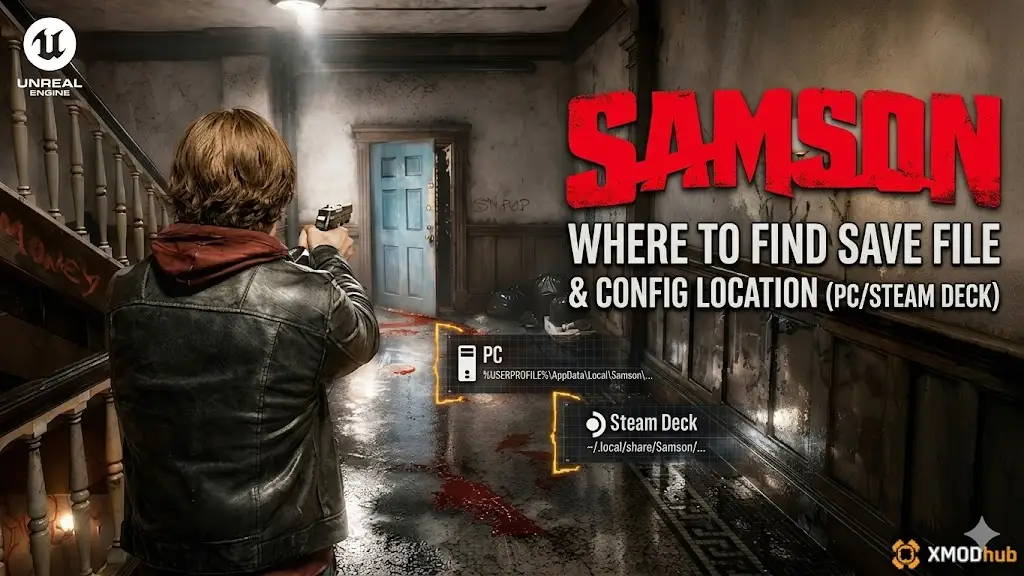 Samson blog post header showing PC and Steam Deck save and config file paths.