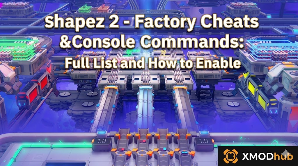 Header image for a shapez 2 - Factory cheats guide, featuring game-style aerial factory art with clean text and the XMODhub logo.
