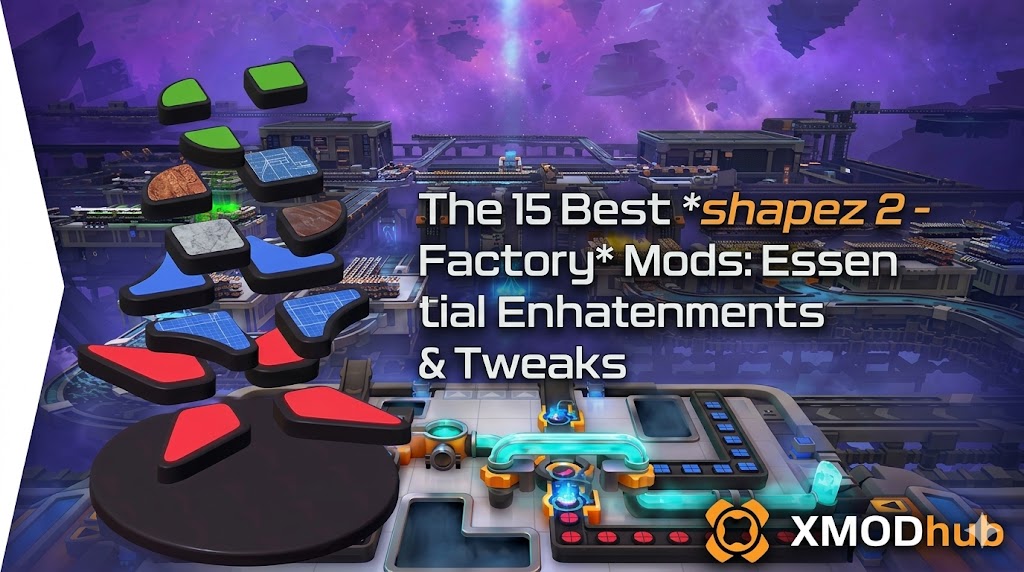 A vibrant display of 3D geometric shapes over a futuristic automated factory in shapez 2, featuring a guide for the best factory mods and enhancements.