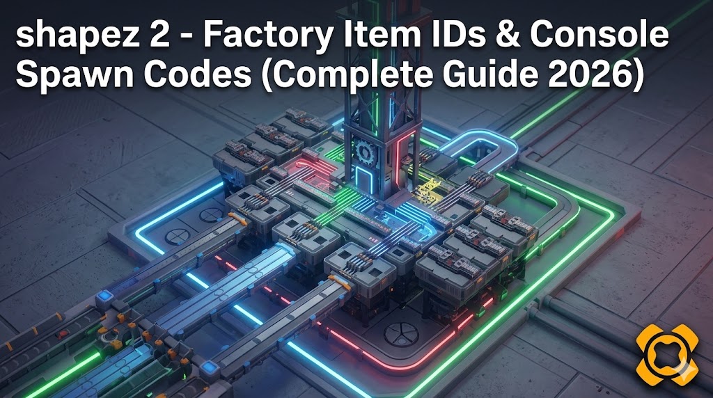 A high-tech shapez 2 factory core with colorful neon paths and a central gear, featuring guide text for item IDs and console codes.