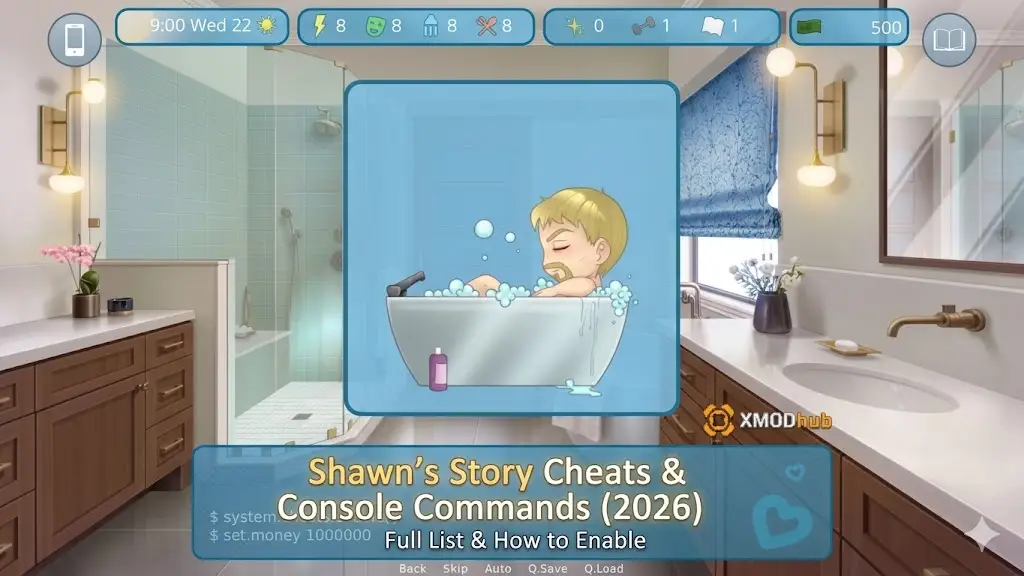 Screenshot from a game guide, featuring a chibi-style character in a bathtub, with prominent text title "Shawn's Story Cheats & Console Commands (2026) Full List & How to Enable".