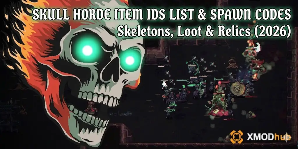 Pixel-art guide cover for Skull Horde (2026), featuring a massive flaming skull and XMODhub logo.