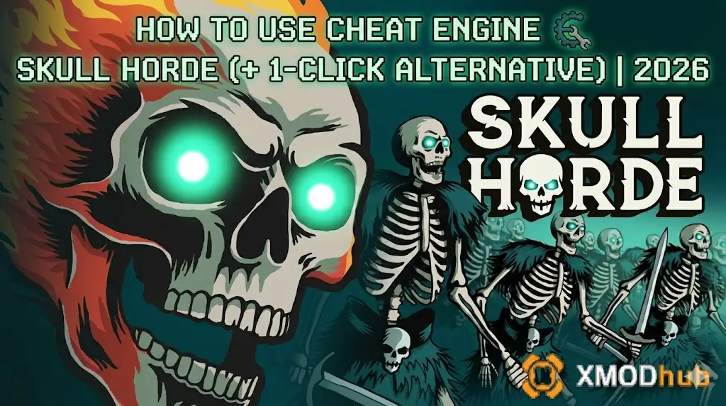 Skull Horde Cheat Engine guide poster: Flaming skeleton leading skull army, 2026 update.