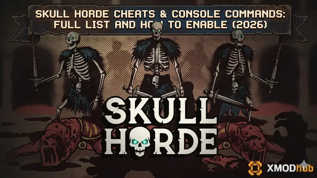 3 pixel skeletons over corpses, a 2026 Skull Horde cheat guide, and XMODhub logo.